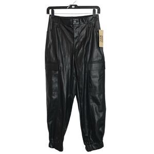 Madden NYC Cargo Jogger Pants Womens M 5 7 Black Faux Pleather Elastic Waist